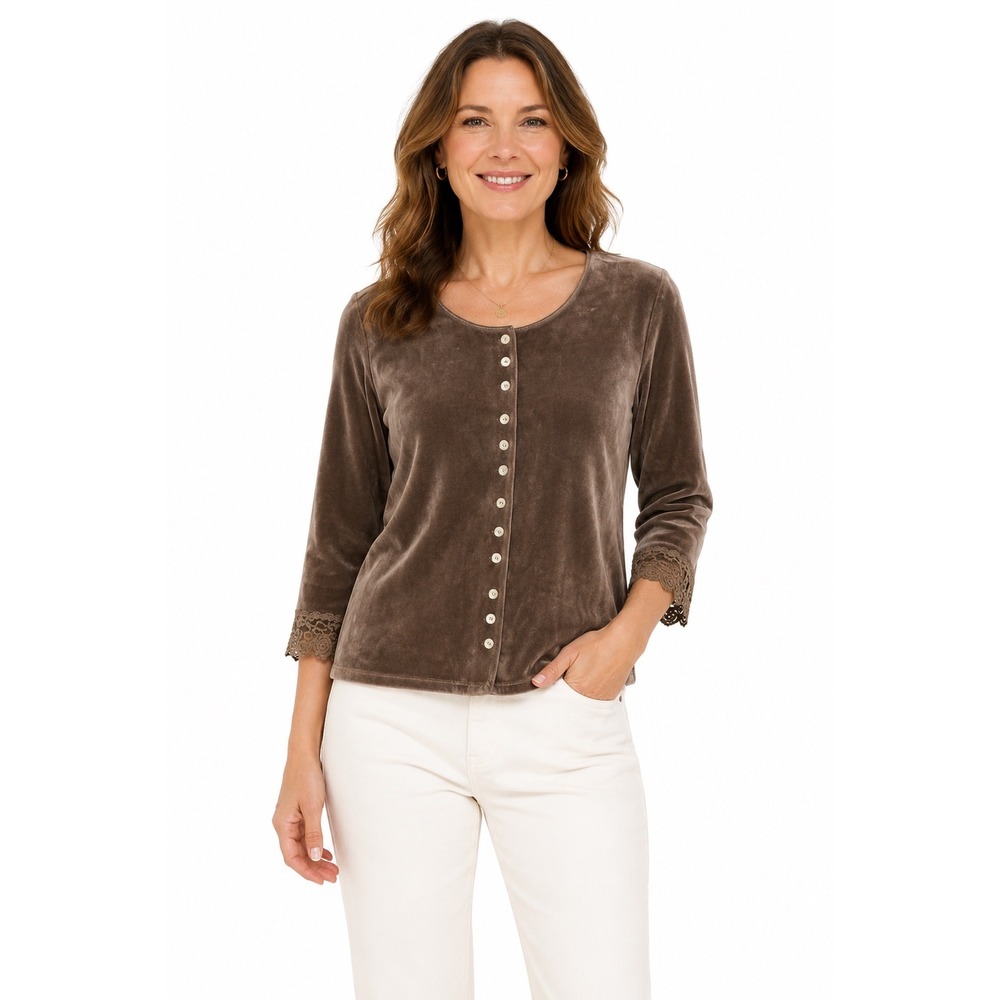 J. Jill Petite Women's Large Brown Velour Button Front Cardigan Lace Trim Top